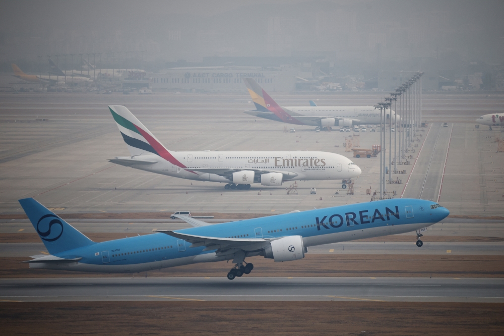 An Emirates Airbus A380 aircraft that has remained parked at the airport after the flight was cancelled, amid the US-Israel conflict with Iran, at Incheon International Airport in Incheon, South Korea, March 5, 2026. Airline shares rebounded on Thursday, as more flights took off from the Middle East, giving carriers some reprieve after US-Israeli strikes on Iran wiped billions of dollars off their market value earlier in the week. — Reuters pic 