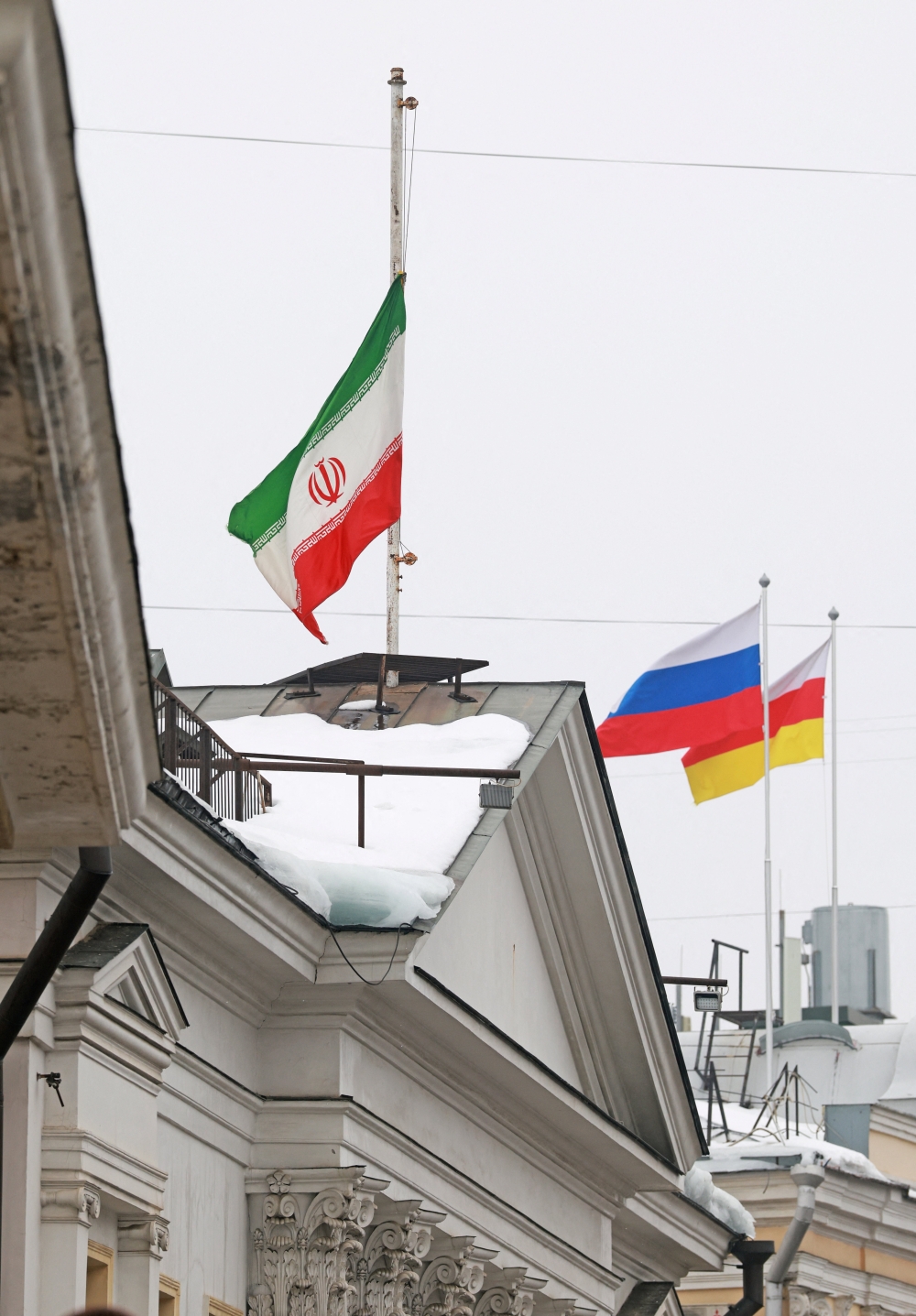 Iran’s national flag flies at half-mast following strikes by the US and Israel on Iran and the killing of Iran’s Supreme Leader Ayatollah Ali Khamenei, at the Iranian Embassy in Moscow March 2, 2026. — Reuters pic
