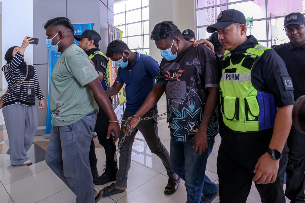 Three men pleaded not guilty at the Magistrate’s Court in Klang March 6, 2026, to a charge of behaving indecently inside a police station in Meru, Klang on Monday. — Bernama pic