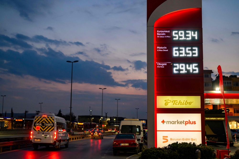 This photographe shows prices at a petrol station in Istanbul on March 6, 2026 as fears have grown of a possible inflationary wave as war in the Middle East sends energy prices shooting upwards. — AFP pic 