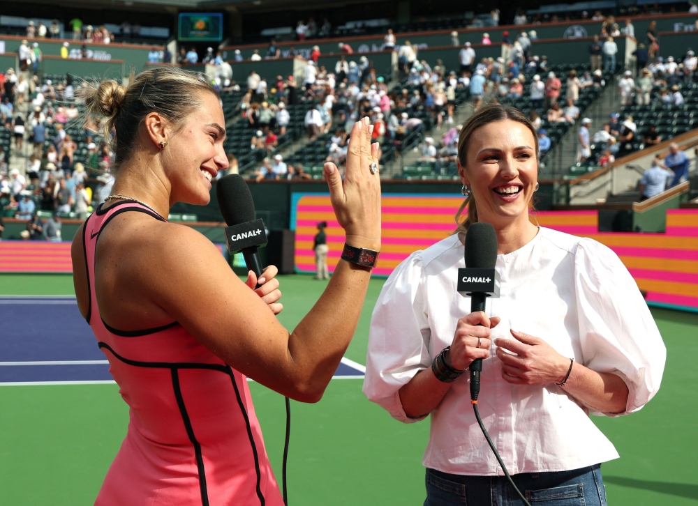Aryna Sabalenka of Belarus shows off her engagement ring during an interview with Joanna Sakowicz Kostecka after a match against Himeno Sakatsume of Japan during Day 3 of the BNP Paribas Open at Indian Wells Tennis Garden on March 6, 2026 in Indian Wells, California. — Harry How/Getty Images North America/AFP pic