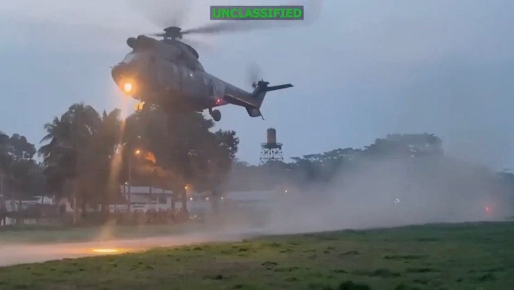 A helicopter takes off from an unknown location in this still image from a video released on March 3, 2026, by US Southern Command, which they said was part of joint operations launched by Ecuadorean and US forces to combat drug trafficking. — US Southern Command/X pic via Reuters 
