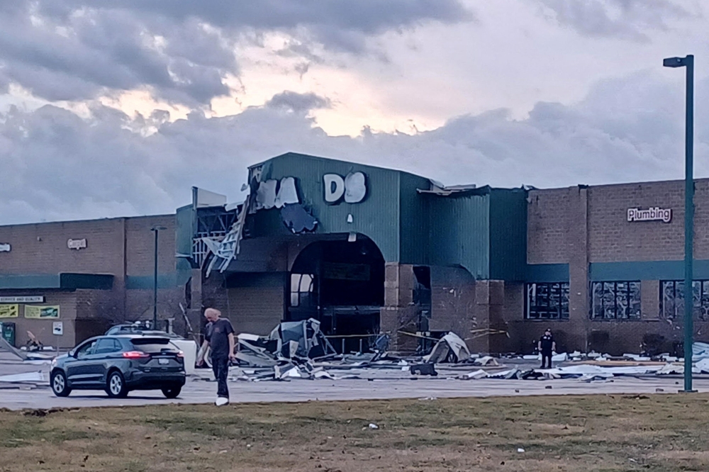 Damage is seen at a Menards store following storms and tornado warnings in Three Rivers, Michigan March 6, 2026 in a still image from video. — Dan Cherry/USA Today Network pic via Reuters