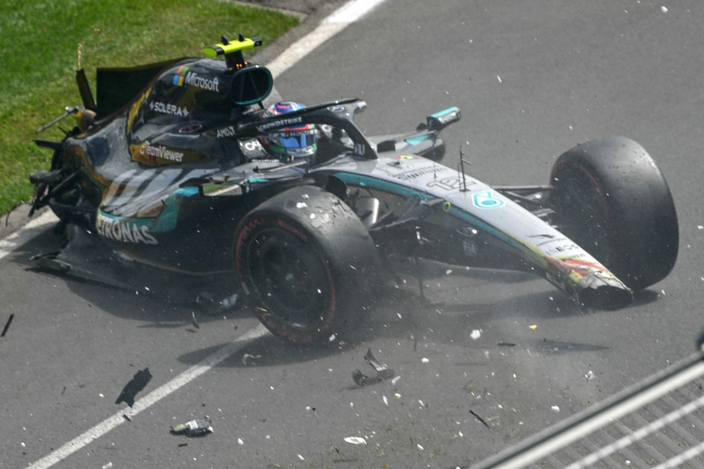 Mercedes' Italian driver Kimi Antonelli crashes during the third practice session of the Formula One Australian Grand Prix at the Albert Park Circuit in Melbourne on March 7, 2026. — AFP pic 