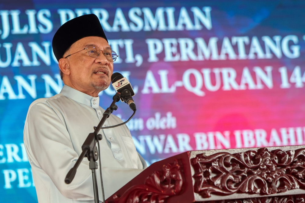 Prime Minister Datuk Seri Anwar Ibrahim gives his address at the official launch of the Mengkuang Titi Mosque in Bukit Mertajam March 7, 2026. — Bernama pic