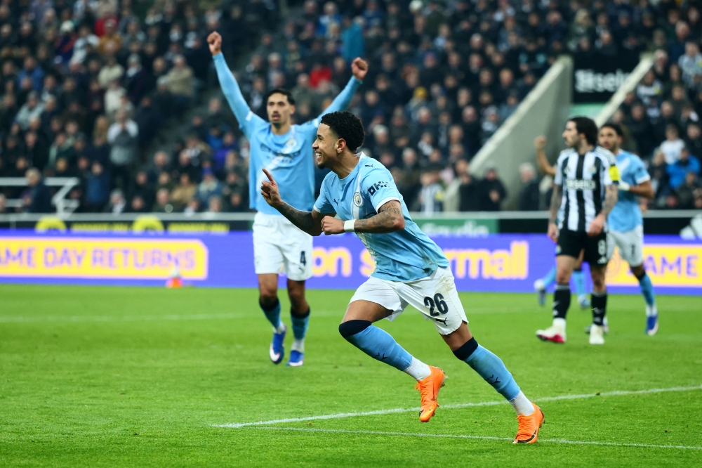 Manchester City midfielder Savinho celebrates scoring his team's first goal during the FA Cup fifth round match against Newcastle United at St James' Park in Newcastle-upon-Tyne on March 7, 2026. — AFP pic
