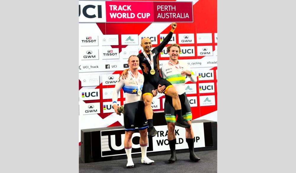 National track cycling ace Azizulhasni Awang celebrates after winning the keirin event at the UCI Track Cycling World Cup in Perth. — Picture via Facebook/Anwar Ibrahim