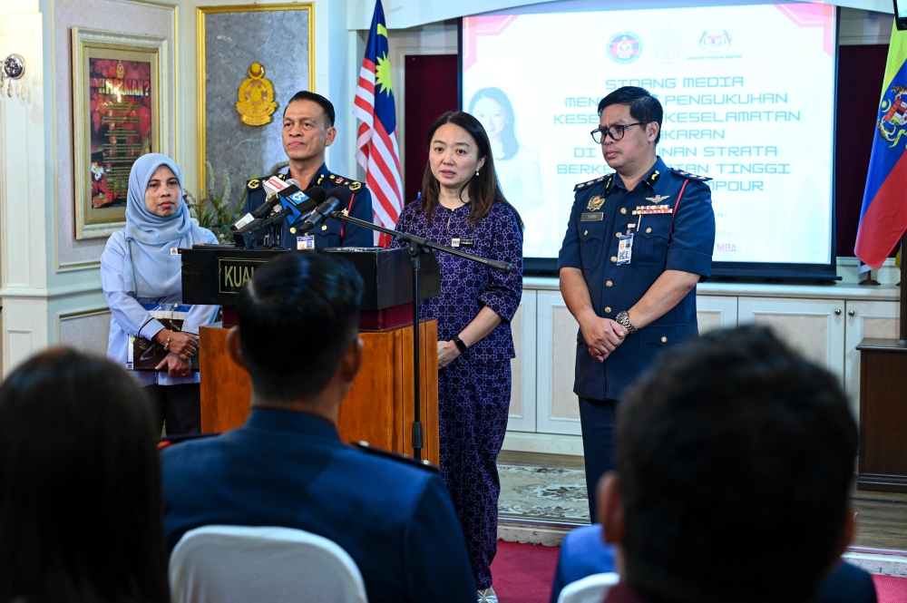 Minister in the Prime Minister's Department (Federal Territories) Hannah Yeoh (2nd right) speaks during a press conference on strengthening fire safety awareness in high-density strata buildings in the Federal Territory of Kuala Lumpur (WPKL) at the WPKL Fire and Rescue Headquarters March 9, 2026. — Bernama pic