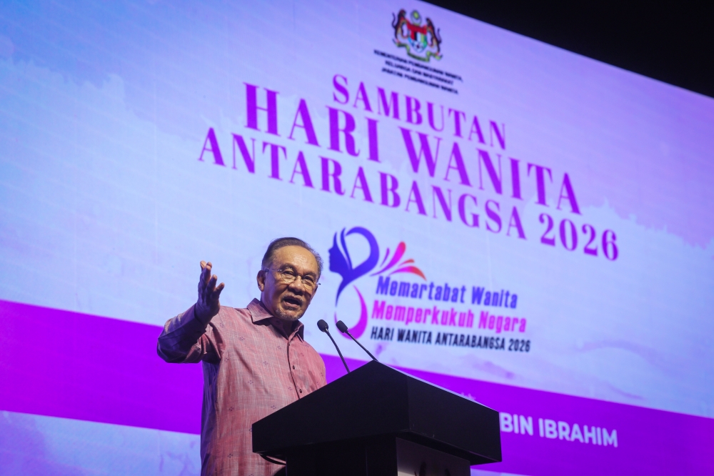 Prime Minister Datuk Seri Anwar Ibrahim delivers a speech at the launch of the 2026 International Women’s Day celebration (SHWA26) in Kuala Lumpur March 10, 2026. — Bernama pic