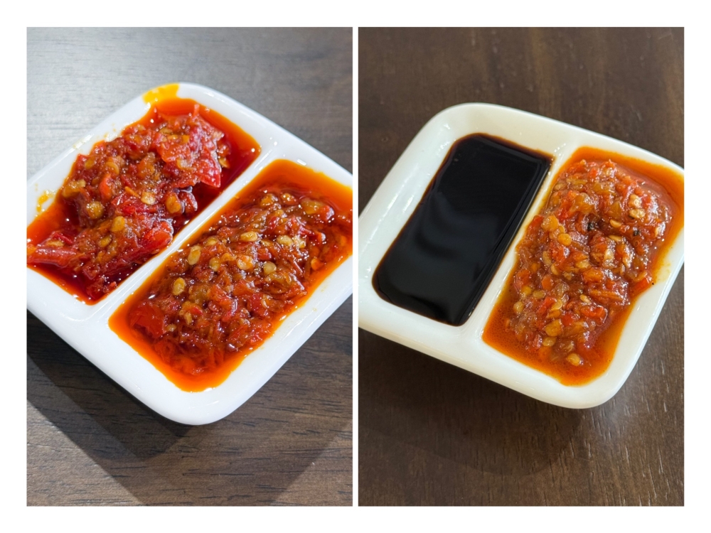 Two ‘sambals’ are given with the Mad Bebek Goreng Signature, one is Sambal Balado and the other is Sambal Kacang (left). Mad Grilled Bebek Signature serves Sambal Kacang with ‘kicap manis’ (right). — Picture by Lee Khang Yi