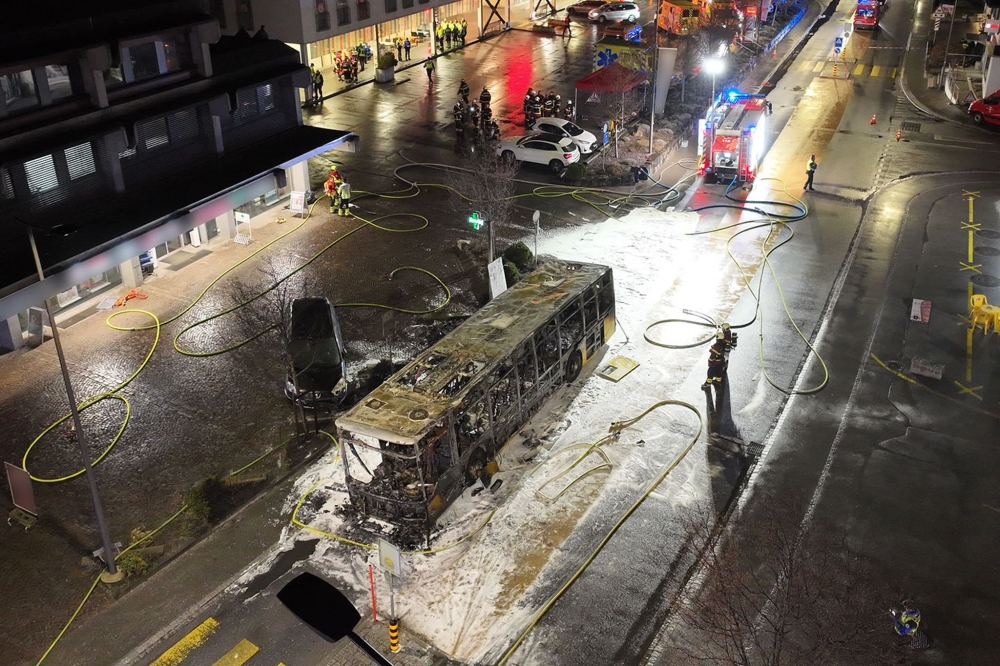 This handout picture taken an released on March 10, 2026 by the Canton of Fribourg shows the main street of the small town of Kerzers where a bus caught fire, killing at least six people and injuring five others. — AFP pic
