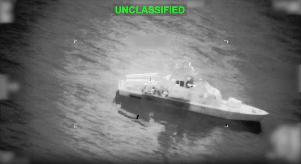 This screen grab obtained from video released by the US Central Command shows what they say is an Iranian naval vessel just before it is struck by a projectile 