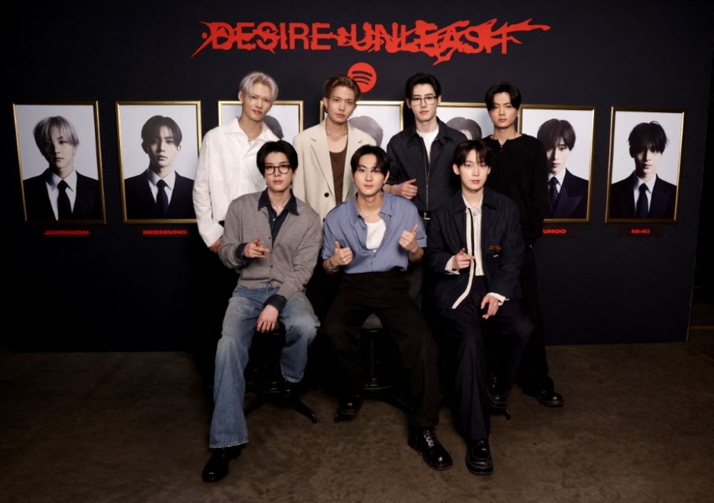 (From left) Ni-ki, Jake, Heeseung, Jungwon, Sunghoon, Sunoo and Jay of ENHYPEN attend MAISON ENHYPEN: Los Angeles in Los Angeles August 17, 2025. — AFP pic