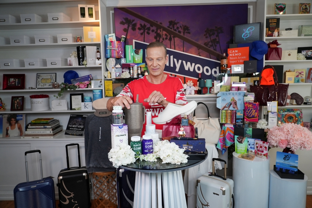 Lash Fary, founder of Distinctive Assets, shows items included in the ‘Everyone Wins’ nominee gift bag in Los Angeles, California March 9, 2026. — Reuters pic  