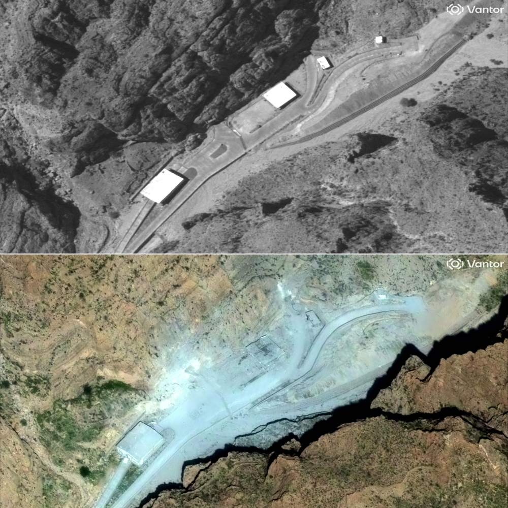 Satellite images courtesy of Vantor show buildings at an Iranian military facility in Darab, south central Iran, on August 20, 2025 (top), and on March 9, 2026 (bottom), following an airstrike. — AFP pic