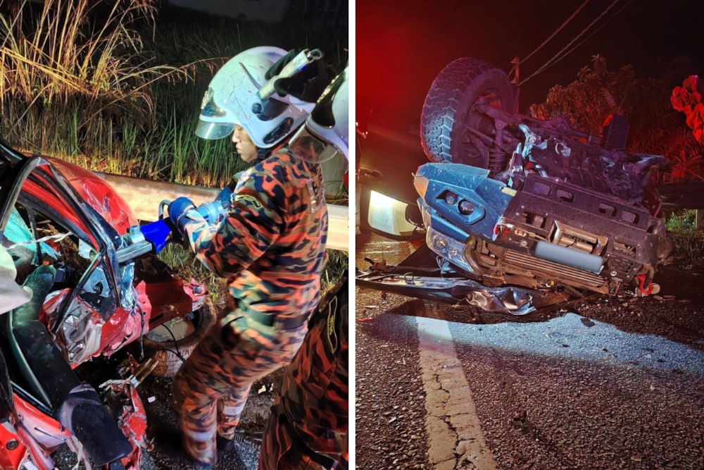 The accident occurred at 1.26am, leaving the woman pinned by her legs inside the SUV, while the 57-year-old male driver of the Ford Ranger was unharmed. — Pictures from Facebook/Balai Bomba dan Penyelamat Baling