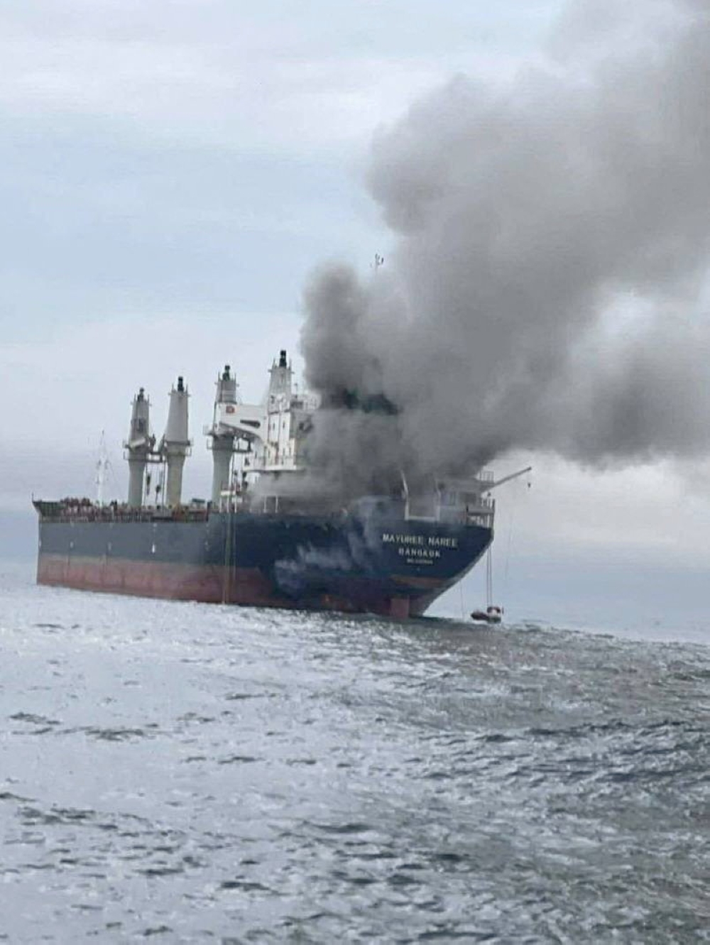 The Thailand-flagged cargo ship Mayuree Naree engulfed in black smoke in the Strait of Hormuz, March 11, 2026. — Royal Thai Navy handout pic via Reuters
