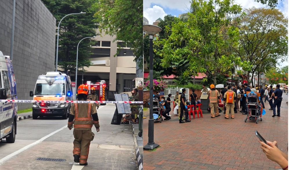 Emergency responders cordon off an area near ibis Singapore on Bencoolen after a fire broke out in a lift control panel on the hotel’s 16th floor on March 13, prompting the evacuation of guests. — Pictures via Facebook