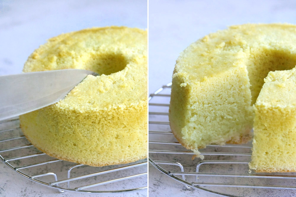 Slicing wedges of chiffon cake — Pictures by CK Lim