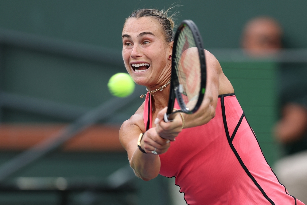 Aryna Sabalenka returns a shot against Czech Republic’s Linda Noskova during their women’s singles semi-final at the BNP Paribas Open in Indian Wells, California, March 13, 2026. — AFP pic
