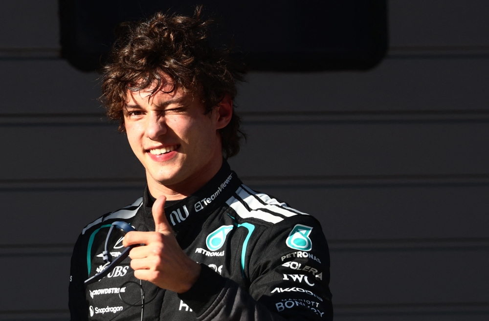 Mercedes driver Andrea Kimi Antonelli celebrates after qualifying on pole position for the Formula One Chinese Grand Prix at the Shanghai International Circuit in Shanghai, China, March 14, 2026. — Reuters pic