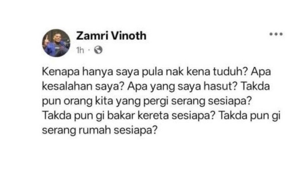 Zamri Vinoth has refuted allegations that he has fled the country. — Facebook screenshot