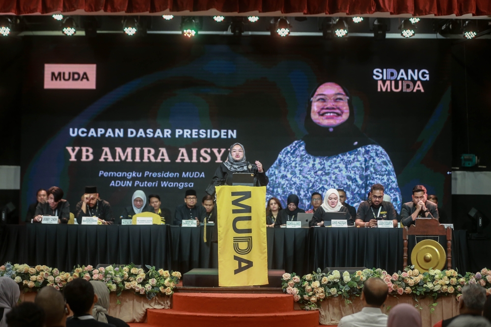 Acting president Amira Aisya delivers her speech during the opening of the Muda Annual General Assembly at Bangunan Peladang in Petaling Jaya on March 14, 2026. — Picture by Sayuti Zainudin