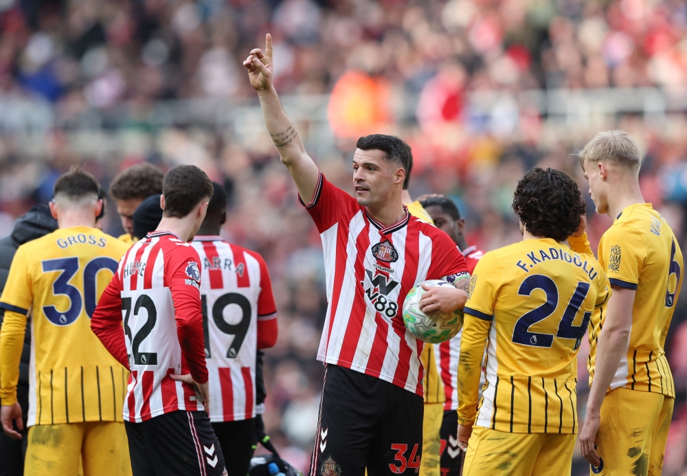Sunderland's Granit Xhaka reacts during the Premier League match against Brighton & Hove Albion at Stadium of Light, Sunderland March 14, 2026. — Reuters pic 