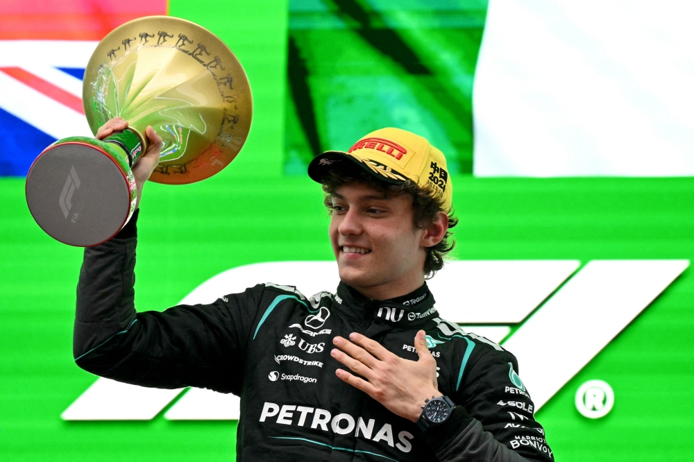 Winner Mercedes' Italian driver Kimi Antonelli celebrates on the podium after the Formula One Chinese Grand Prix at the Shanghai International Circuit in Shanghai on March 15, 2026. — AFP pic 