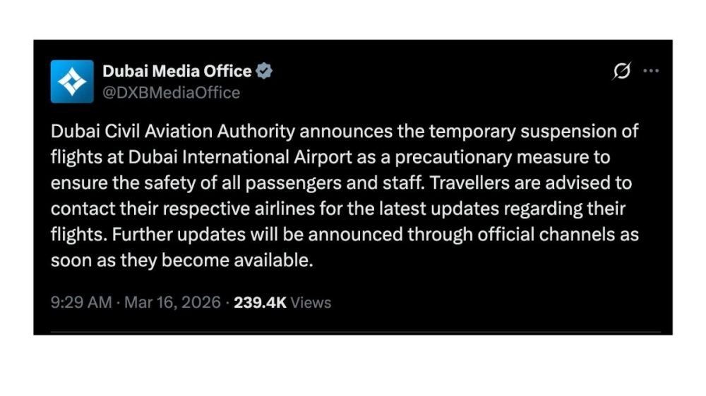 Flights were temporarily suspended at Dubai’s airport, previously one of the world’s busiest, after a “drone-related incident” sparked a fire nearby, city authorities said today. — X screenshot