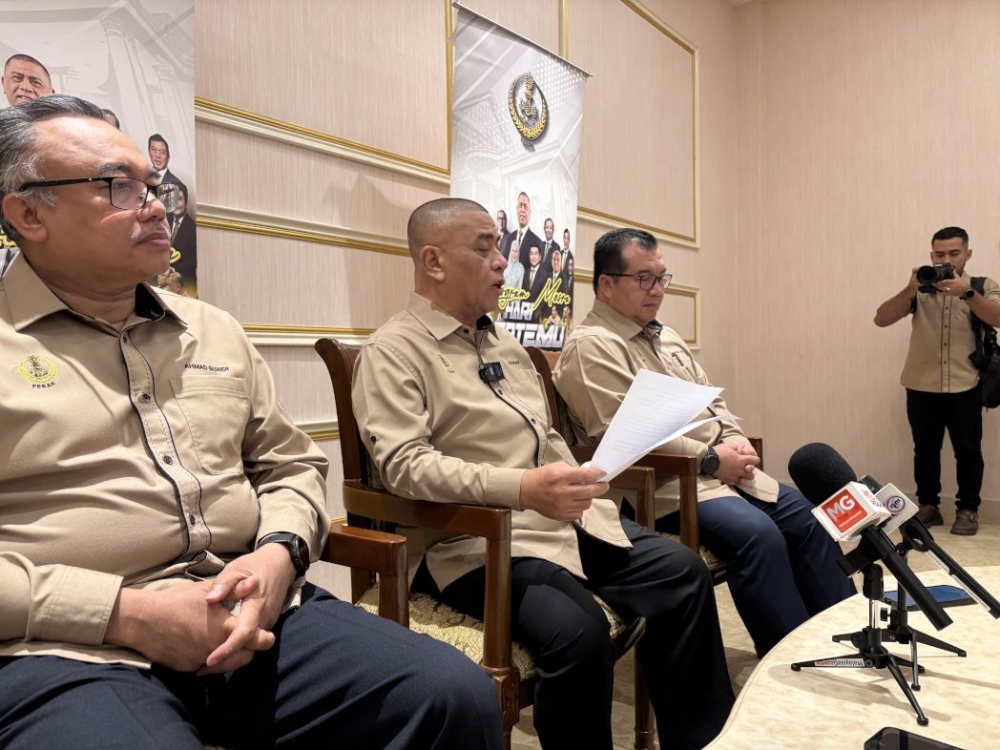 Perak Menteri Besar Datuk Seri Saarani Mohamad speaks during a press conference at the Indera Mulia Stadium in Ipoh, Perak on March 16, 2026. — Picture by John Bunyan