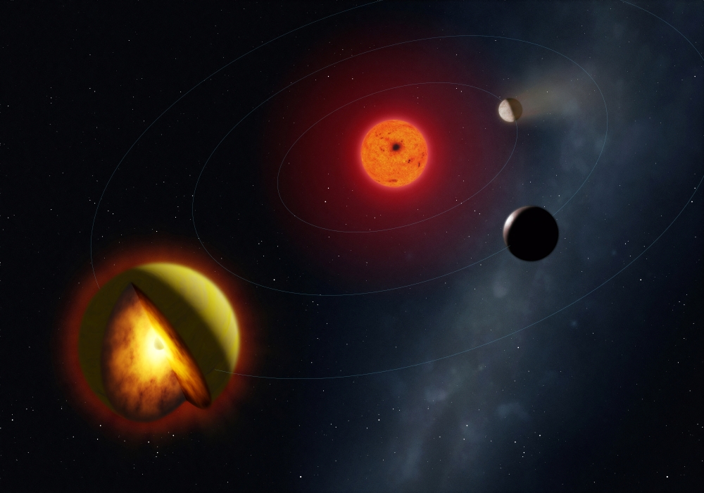 An artist’s impression of the exoplanet named L 98-59 d, shown with a cutaway to reveal its interior, orbiting a red dwarf star, with two of its sibling planets, seen in this image released on March 16, 2026. — Mark A. Garlick/Handout via Reuters