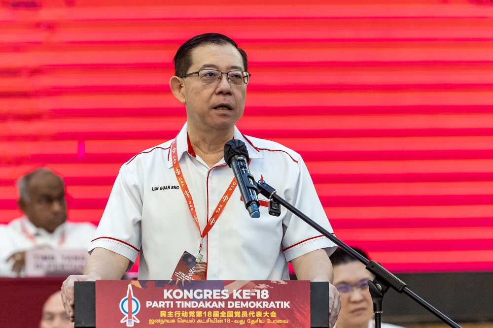 Lim Guan Eng speaks at the 18th DAP National Congress at the Ideal Convention Centre (IDCC) in Shah Alam on March 16, 2025. — Picture by Firdaus Latif