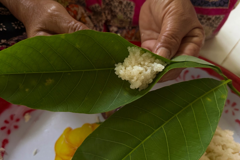 ‘Pulut daun getah tapai’ maker Siti Hafsah Mamat prepares glutinous rice and rubber leaf ‘tapai’ which is a traditional food choice ahead of Aidilfitri, although various modern cakes are gaining ground. — Bernama pic