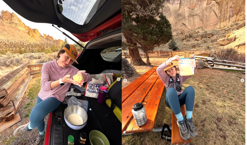 From trail miles to toast-ready butter: Libby Cope shows off her ‘churn and burn’ results after turning a bag of cream into a post-run snack. — Composite of Instagram photos