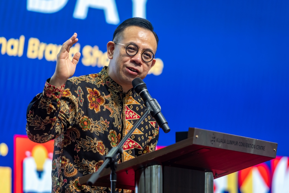 Entrepreneur Development and Cooperatives Minister Steven Sim speaks at the launch of Malaysia Brand Day at the Kuala Lumpur Convention Centre in Kuala Lumpur January 8, 2026. — Picture by Firdaus Latif.
