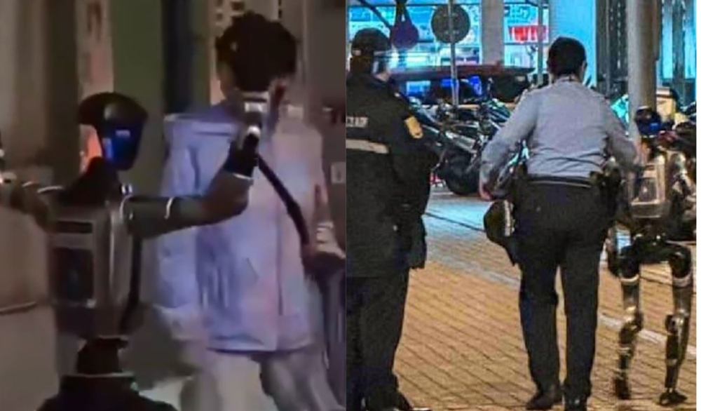 Macau police escort a humanoid robot from the scene after it startled a passerby, leaving her briefly hospitalised. — Composite of Facebook screengrabs