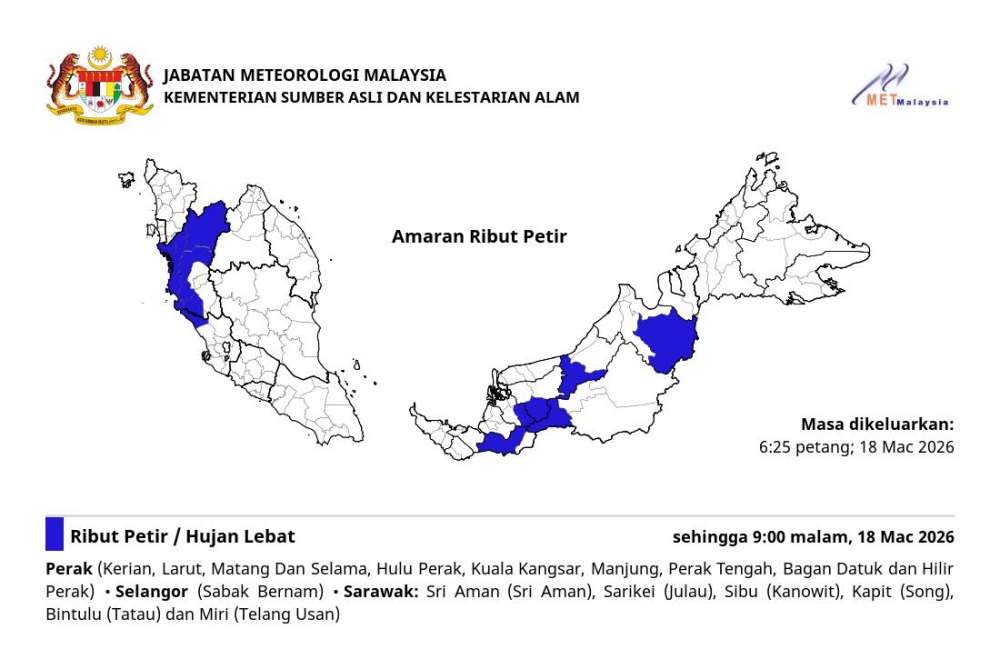 In a statement issued at 4 pm, MetMalaysia said the adverse weather is forecast to affect the whole of Kuala Lumpur and Putrajaya, as well as several areas in Selangor - Sabak Bernam, Kuala Selangor, Hulu Selangor, Klang, Gombak, Petaling, Kuala Langat and Sepang. — Picture via Facebook/MetMalaysia