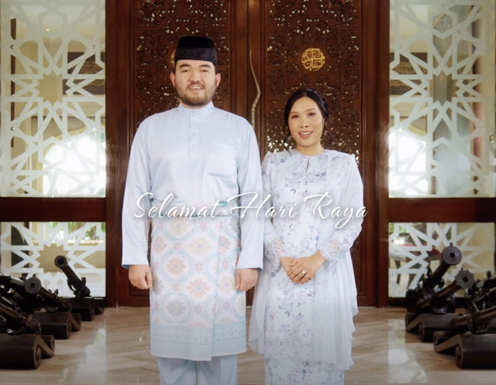 Tengku Amir Shah Sultan Sharafuddin Idris Shah and Datin Paduka Seri Afzaa Fadini shared a nostalgic Aidilfitri message in a festive video celebrating tradition and togetherness. — Screengrab via Facebook video