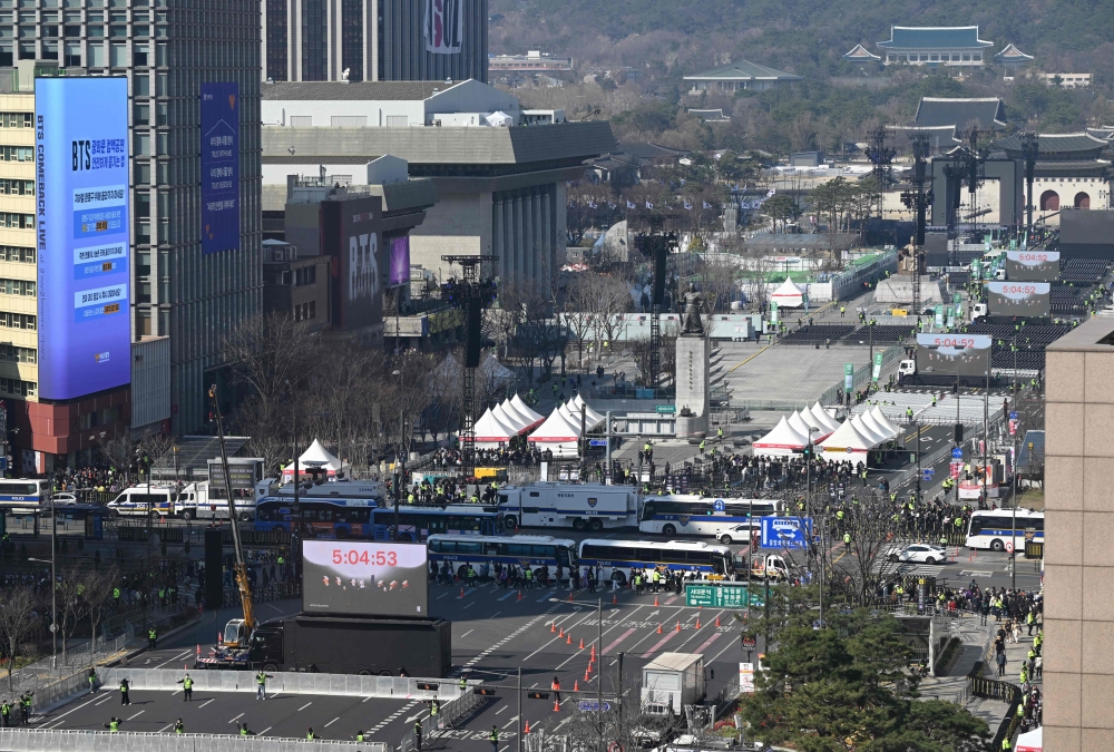 A general view shows the stage set up for BTS’s comeback concert at Gwanghwamun Square in central Seoul on March 21, 2026. — AFP pic