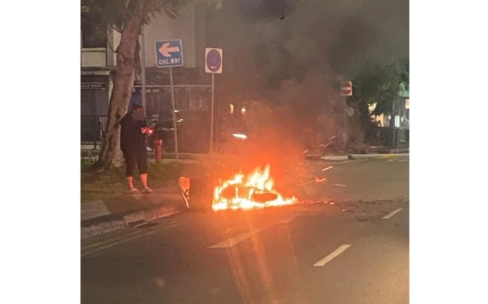 A person was taken to hospital after a power‑assisted bicycle caught fire along Balestier Road in the early hours of March 22. — Picture via Facebook/LawrenceLim