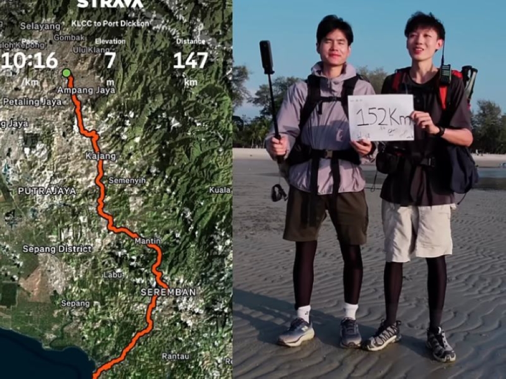 Two Malaysian guys decided to take a 150km walk from KLCC to Port Dickson in Negeri Sembilan and posted to YouTube in March 2026. — Screenshots from YouTube/Bryson Lew 刘铠翔