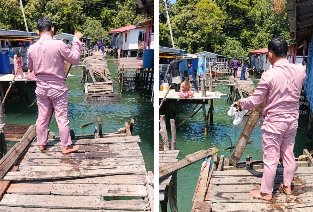 A bridge in the water village of Kampung Selamat, Lok Urai, Pulau Gaya, collapsed, sending several Hari Raya visitors into the sea. — Picture via Facebook/Pejabat ADUN N.22 Tanjung Aru