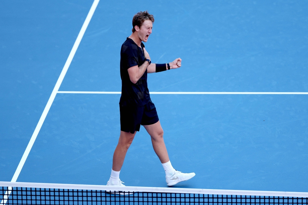Sebastian Korda of the United States celebrates after defeating Spain’s Carlos Alcaraz at the Miami Open in Miami Gardens, Florida, on March 22, 2026. — AFP pic