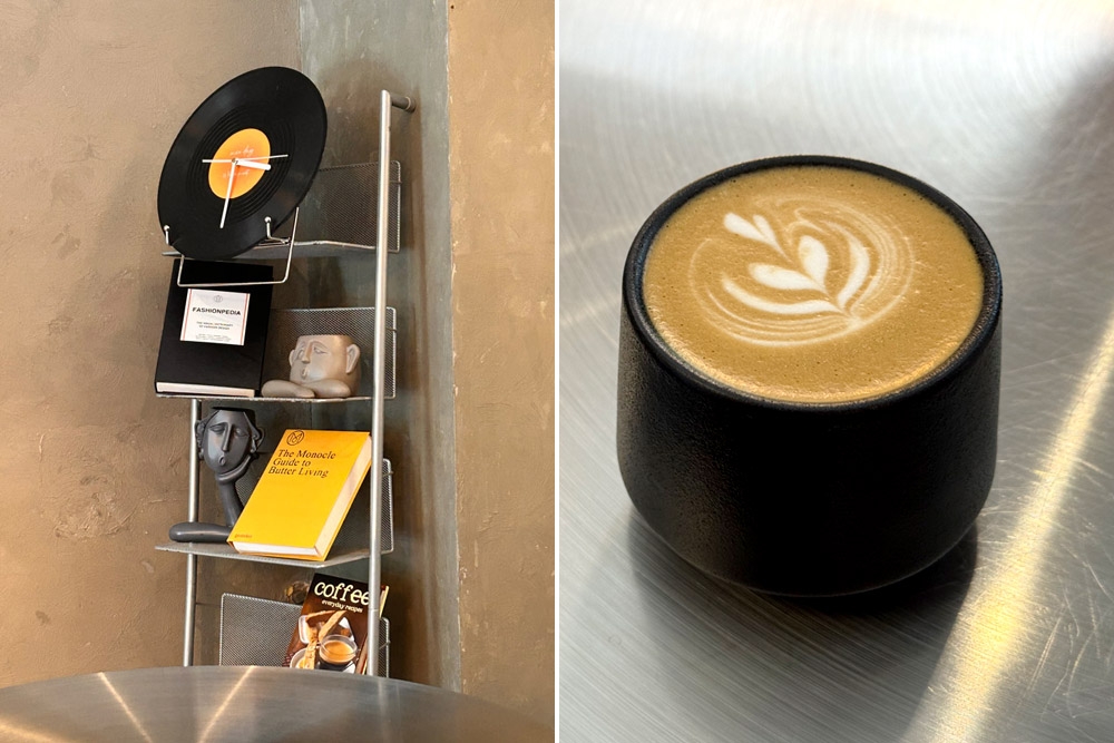 Vinyl clock (left) and flat white (right) at noconnection.