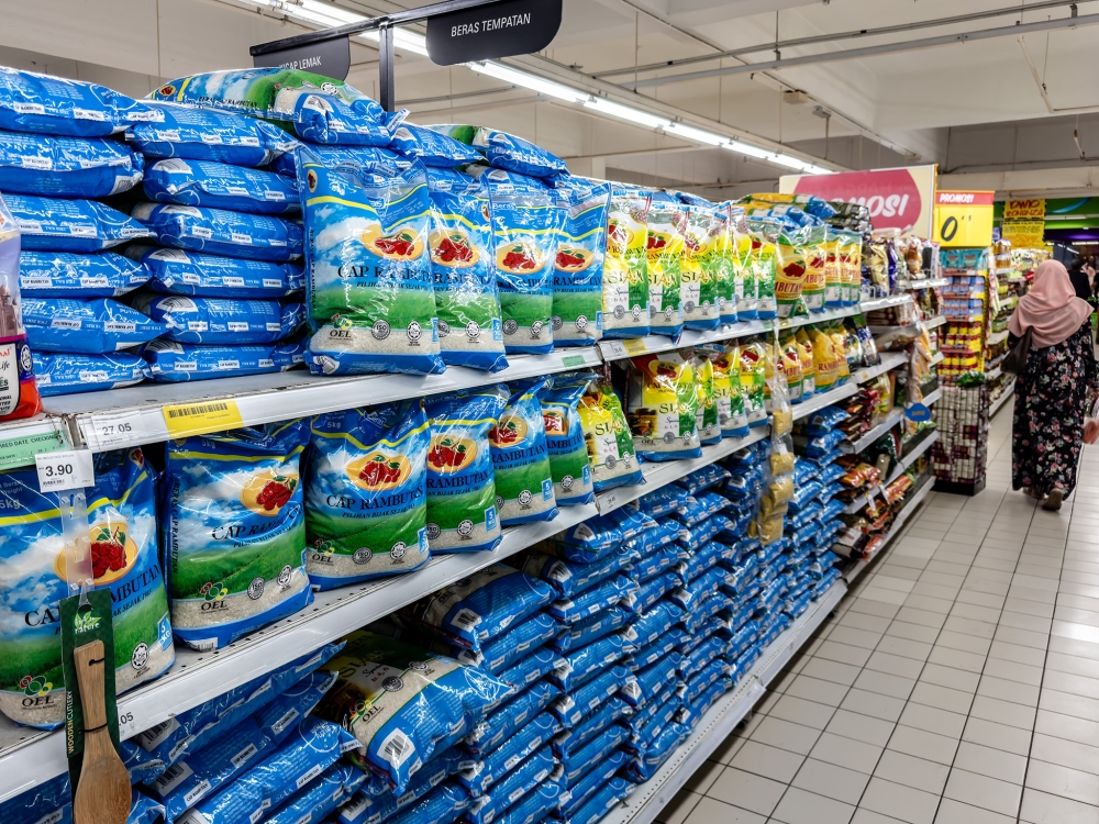 Sacks of rice displayed for sale at a supermarket in  in Kuala Lumpur October 16, 2024. Picture by Firdaus Latif
