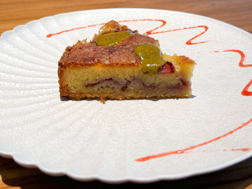 Strawberry Pistachio Tart is a monthly special offering ground pistachios and a crunchy tart base. 