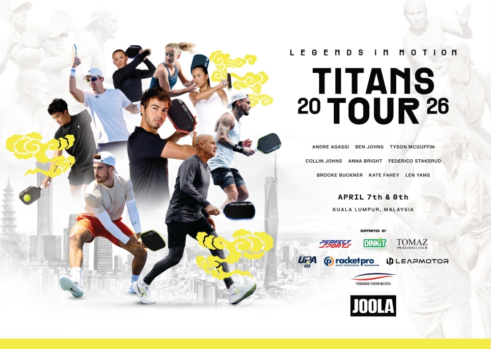 Poster for the JOOLA Titans Tour in Malaysia featuring world No.1 Ben Johns and tennis legend Andre Agassi in exhibition matches.