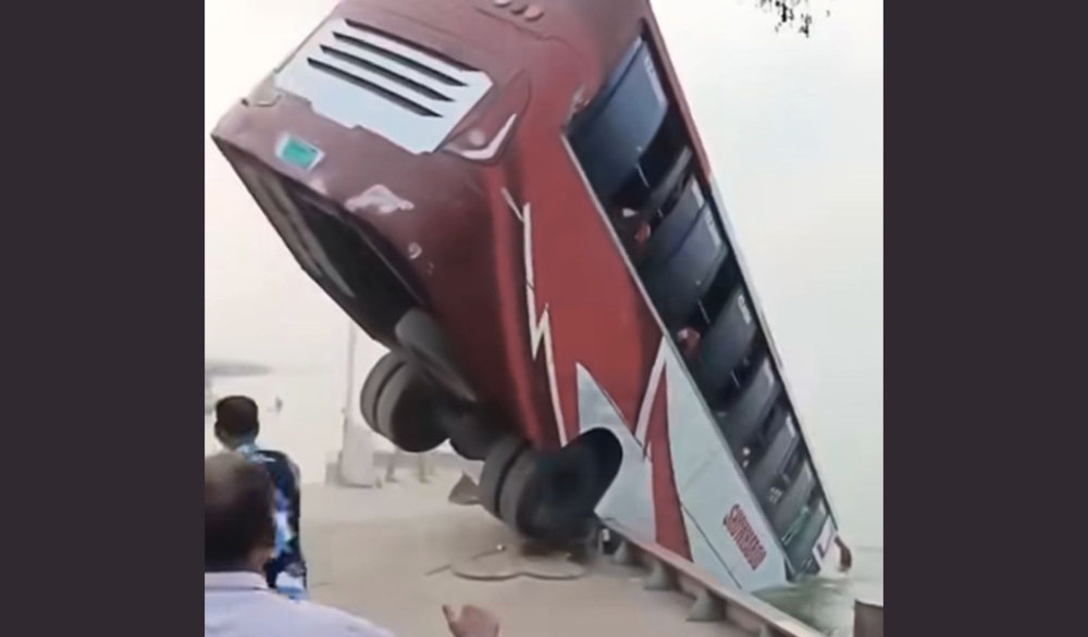 The accident occurred yesterday when the bus lost control approaching a ferry at Daulatdia in Rajbari district, about 100km from Dhaka. — Picture via Facebook