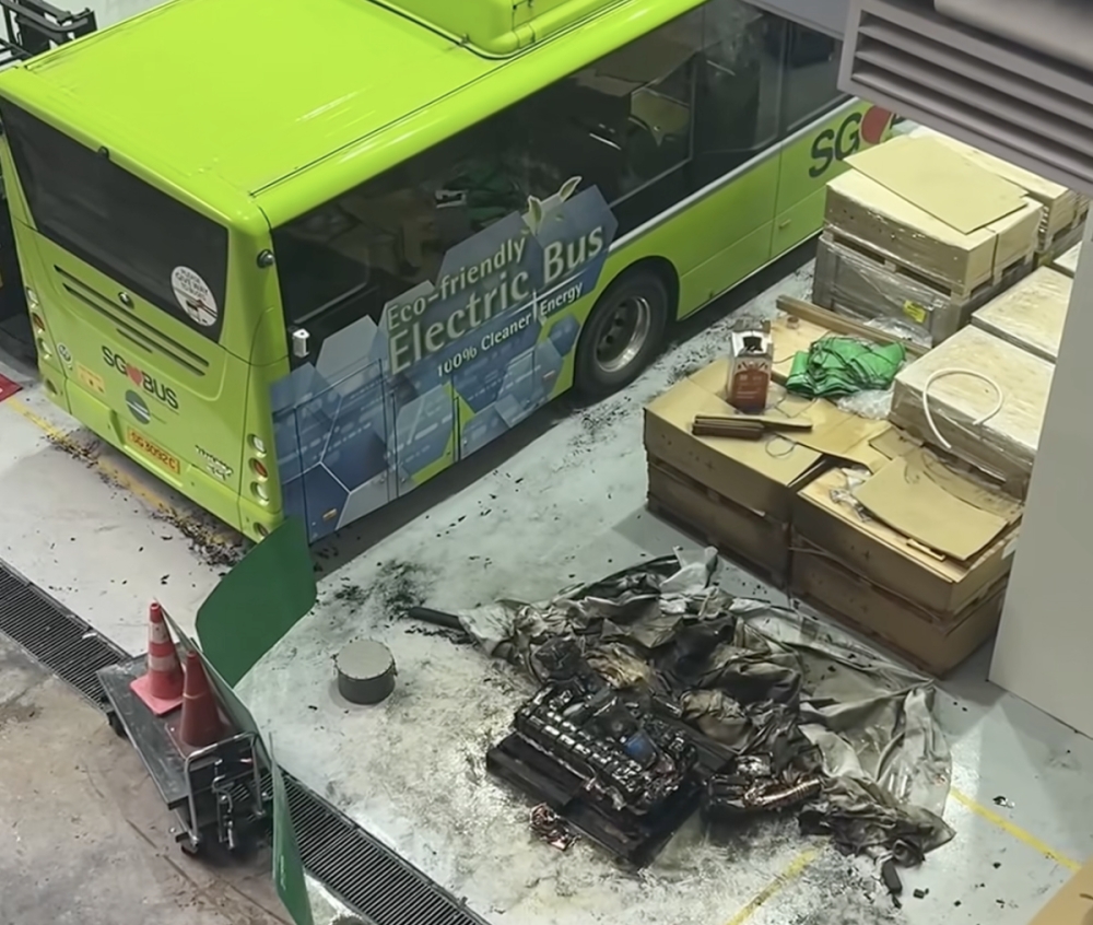 No injuries were reported after a lithium-ion battery fire involving an electric bus under servicing at a Sin Ming industrial workshop in Singapore on March 25. — Screengrab from Facebook video